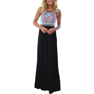Boho Chevron Striped Floral Printed Sleeveless Tank Long Maxi Party Dress